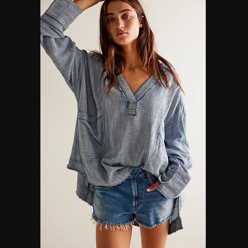 FREE PEOPLE Women's We The Free By The Shore Shirt Size L in Indigo Stripe Combo